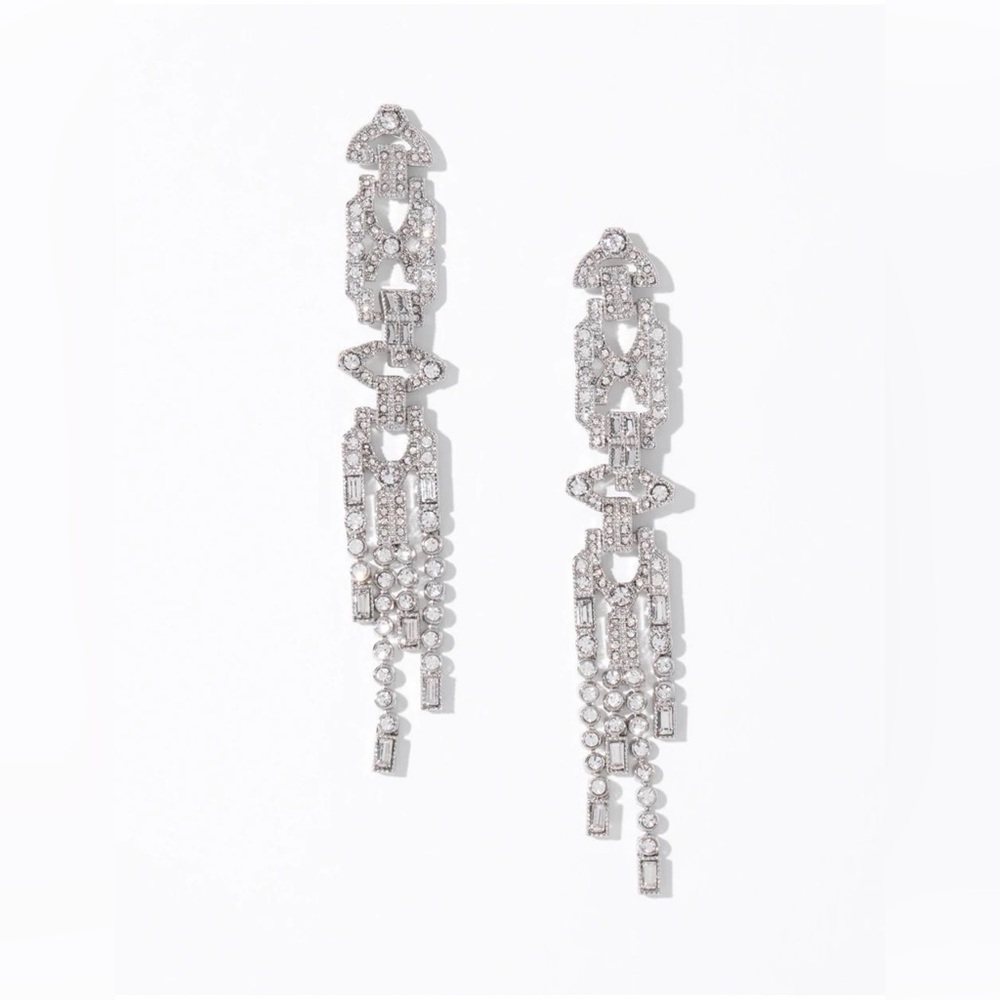 White House Black Market Art Deco Silvertone Crystal Linear Earrings